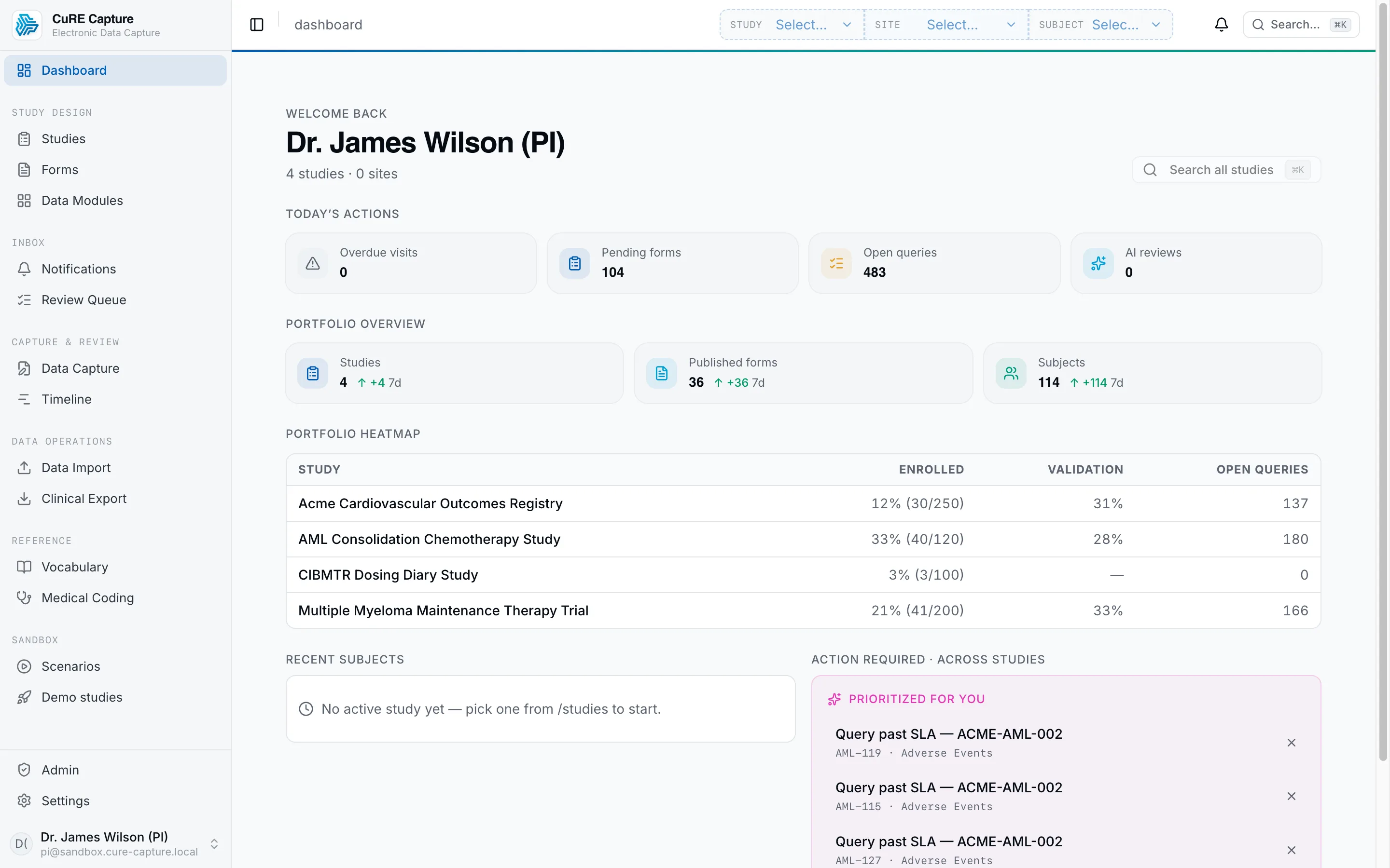 CuRE Capture — investigator dashboard with a portfolio overview and a per-study enrollment, validation, and open-query heatmap